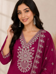 Magenta Vichitra Silk Kurta Set with Golden Jari, Cutdana & Beads Embroidery with Potli Bag