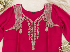 Stunning Pink Embroidered Chinon Kurta Palazzo Set