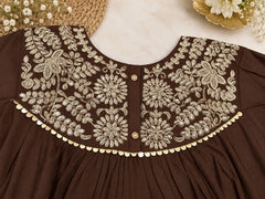 Graceful Chocolate Brown Mul Chanderi Embroidered Anarkali Suit Set