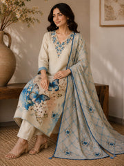 Graceful Off-White Linen Kantha Embroidered Kurta Set with Printed Dupatta