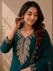 Teal Green Vichitra Silk Kurta Set with Golden Jari, Cutdana & Beads Embroidery with Potli Bag