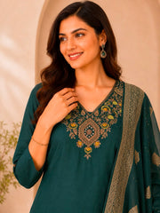 Teal Green Dola Silk Kurta Set with Embroidered Neckline & Woven Dupatta
