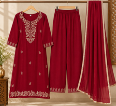 Elegant Deep Maroon Cut Dana Embroidered Chinon Kurta Set