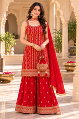 Royal Red Chinon Embroidered Kurta Sharara Set