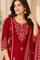 Regal Red Dola Silk Embroidered Suit Set with Dupatta