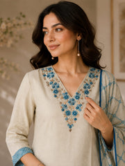 Graceful Off-White Linen Kantha Embroidered Kurta Set with Printed Dupatta