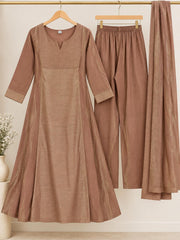 Stunning Mocha Roman Shimmer A-Line Kurta Set with Dupatta