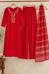 Vibrant Red Roman Silk Embroidered Kurta Pant Set with Dupatta