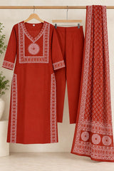 Pure Cotton Rust Printed Kurta Pant Set with Dupatta