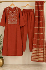 Beautiful Rust Roman Silk Embroidered Kurta Pant Set with Dupatta