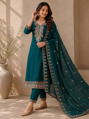 Teal Green Vichitra Silk Kurta Set with Golden Jari, Cutdana & Beads Embroidery with Potli Bag