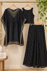 Elegant Black Chinon Embellished Kaftan Set with Flared Pants