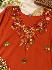 Elegant Rust Thread Embroidered Mul Chanderi A-Line Kurta Set with Dupatta