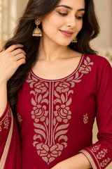 Elegant Deep Maroon Cut Dana Embroidered Chinon Kurta Set