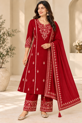 Regal Red Dola Silk Embroidered Suit Set with Dupatta