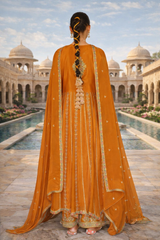 Orange Embroidered Chinon Kurta Set