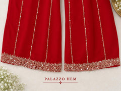 Elegant Red Embroidered Kurta Sharara Set with Dupatta in premium Chinon Fabric
