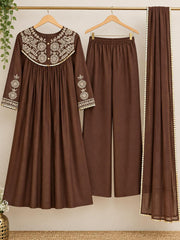 Graceful Chocolate Brown Mul Chanderi Embroidered Anarkali Suit Set