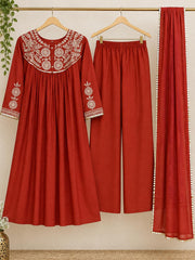 Beautiful Rust Mul Chanderi Embroidered Anarkali Suit Set