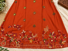 Elegant Rust Thread Embroidered Mul Chanderi A-Line Kurta Set with Dupatta