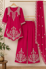 Stunning Pink Embroidered Chinon Kurta Palazzo Set