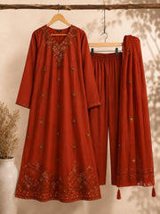Elegant Rust Thread Embroidered Mul Chanderi A-Line Kurta Set with Dupatta