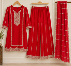 Elegant Red Embroidered Kurta Sharara Set with Dupatta in premium Chinon Fabric