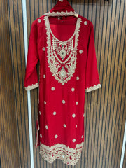 Beautiful Red Chinon Embroidered Kurta Set