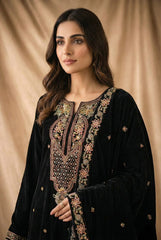 Fully Stitched - Classic Black Velvet Embroidered Kurta Set with Velvet Shawl