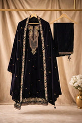 Fully Stitched - Classic Black Velvet Embroidered Kurta Set with Velvet Shawl