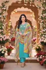 Elegant Embroidered Suit Set with Multicolor Dupatta – Blue