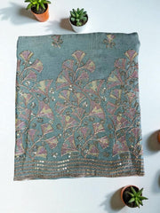 Vichitra Silk Embroidered Unstitched Suit Set with Dupatta-Blue