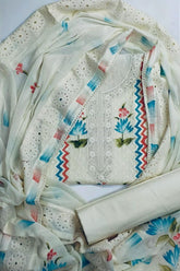 Graceful White Floral Embroidered Unstitched Cotton Suit