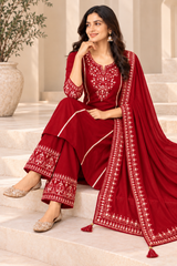 Regal Red Dola Silk Embroidered Suit Set with Dupatta