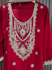 Beautiful Red Chinon Embroidered Kurta Set