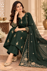 Elegant Bottle Green Dola Silk Embroidered Suit Set with Dupatta