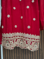 Beautiful Red Chinon Embroidered Kurta Set