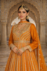 Orange Embroidered Chinon Kurta Set