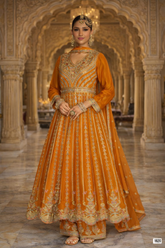 Orange Embroidered Chinon Kurta Set