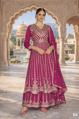 Beautiful Rani Pink Embroidered Chinon Palazzo Suit Set