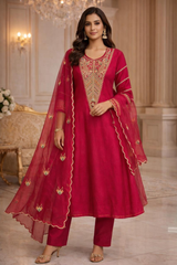 Royal Pink Embroidered Silk Kurta Set with Dupatta