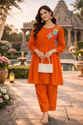Premium Orange Mal Chanderi Co-Ord Set with Handwork & Embroidery