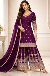 Royal Wine Chinon Kurta Set with Designer Sharara & Dupatta