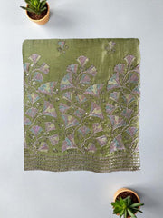 Vichitra Silk Embroidered Unstitched Suit Set with Dupatta-Green