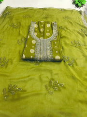 Graceful Banarasi Silk Embroidered Suit with Golden Detailing-Green