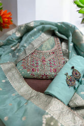 Stunning Shimmer Jacquard Unstitched Suit with Intricate Embroidery & Zari Dupatta- Green