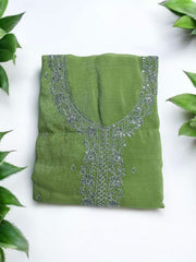 Graceful Crunchy Silk Unstitched Suit with Silver Embroidery- Green