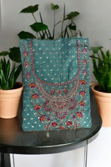 Modal Silk Unstitched Suit with Embroidered Neckline & Banarasi Dupatta