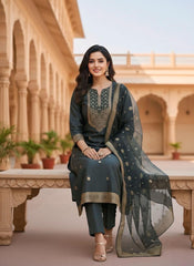 Premium Grey Embroidered Kurta Set with Dupatta