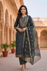 Premium Grey Embroidered Kurta Set with Dupatta